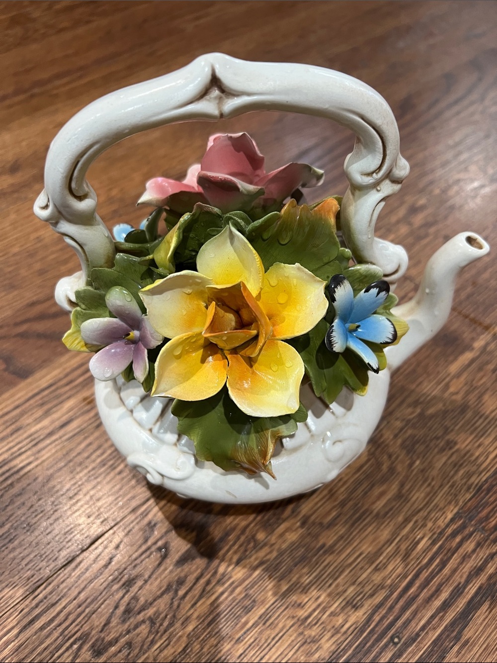 Vintage Capodimonte teapot with flowers Made In Italy
